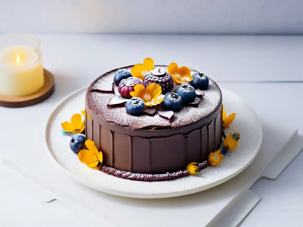 Exquisito postre vegano con decoración vibrante y detalles sofisticados, una de las mejores opciones postres veganos