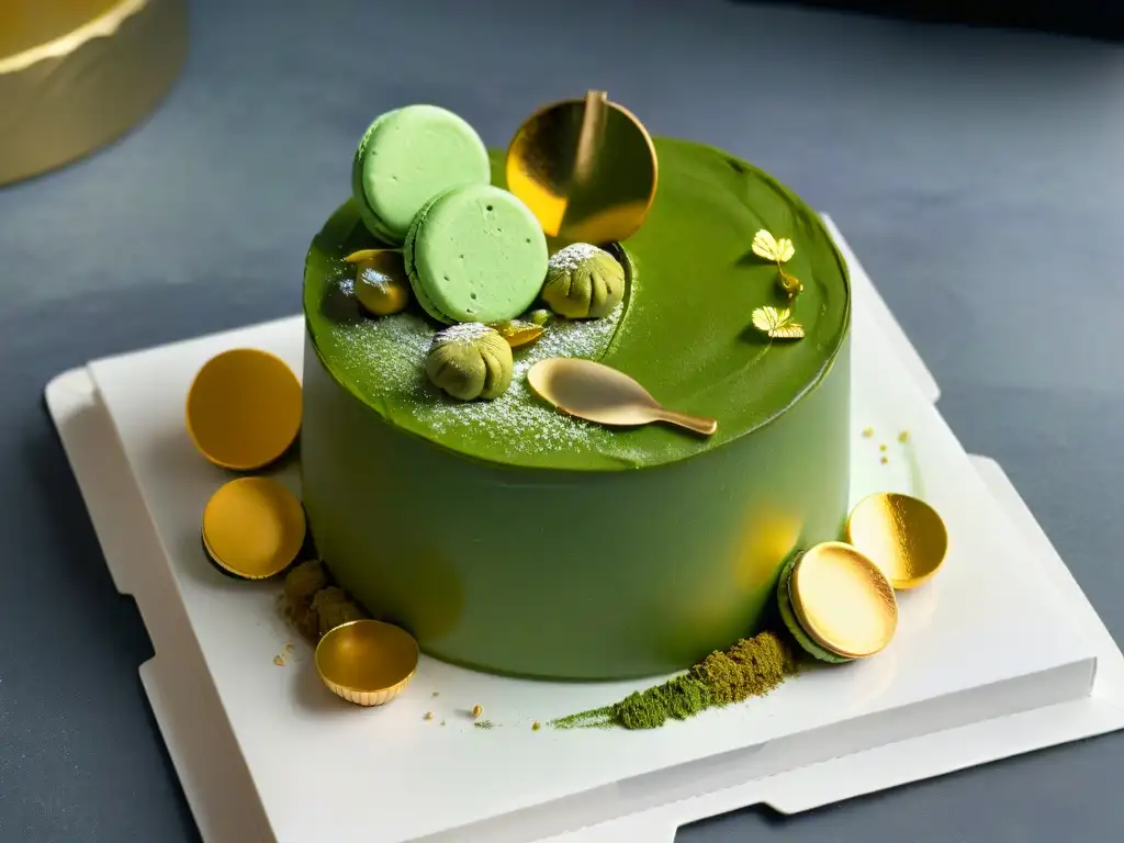 Un exquisito postre de té verde matcha con detalles elegantes y vibrante color verde, en un entorno moderno y sofisticado