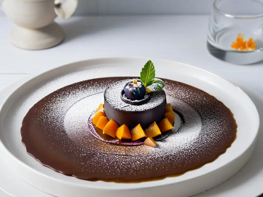 Un exquisito postre de zapote negro en un plato blanco, decorado con flores comestibles y azúcar glass