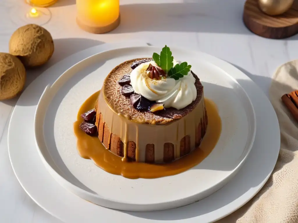 Un exquisito Pudín de Dátiles del Sahel, con canela y crema, en un elegante plato blanco