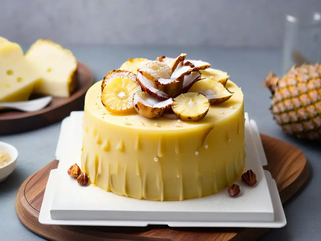 Un exquisito pudín de piña y jengibre sobre plato blanco, detallado y tentador