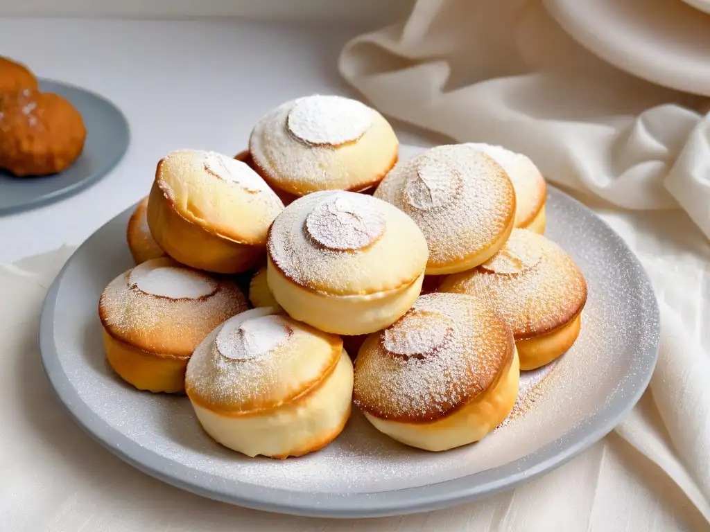 Delicioso puff puff nigeriano recién horneado en plato cerámico Un exquisito puff puff nigeriano recién horneado, adornado con azúcar glass en un plato cerámico