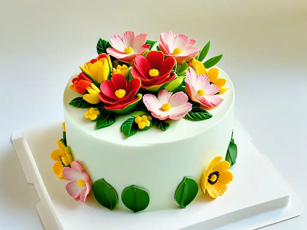 Exquisito ramo de flores de azúcar sobre un pastel gourmet, destacando la decoración repostería gourmet técnicas avanzadas