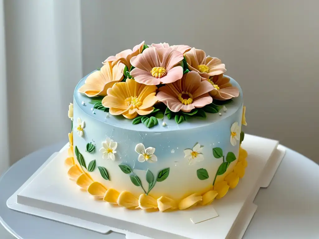 Exquisito ramo de flores de azúcar sobre tarta de tres pisos