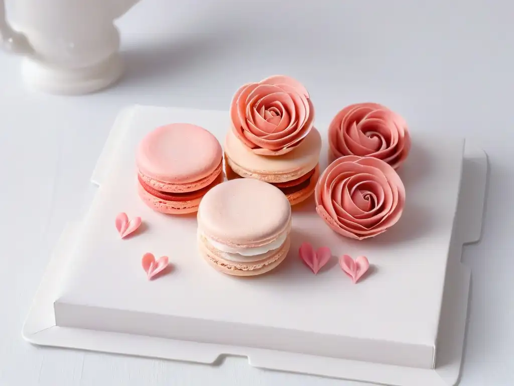 Un exquisito ramo de rosas rosadas hechas de macarons, perfectamente decoradas sobre un plato blanco, ideal para el Día de las Madres