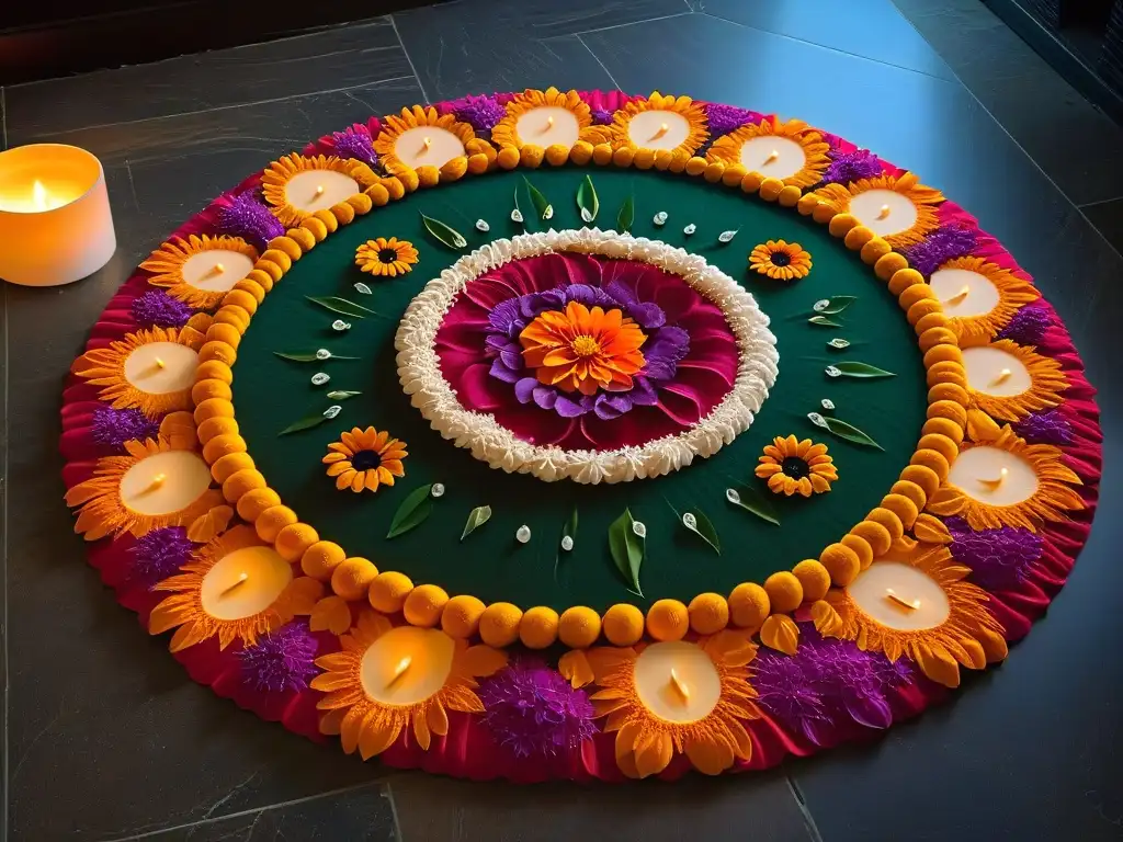 Un exquisito rangoli de colores vibrantes y patrón floral, rodeado de velas, crea un ambiente cálido y acogedor