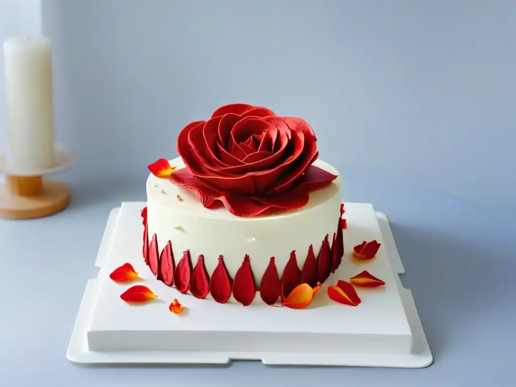 Exquisito Red Velvet Cake decorado con pétalos de rosa blanco