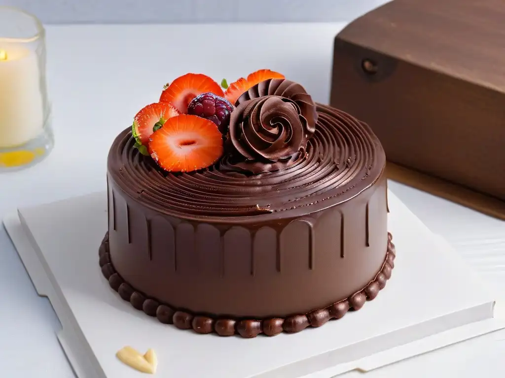 Un exquisito remolino de ganache de chocolate brillante sobre un decadente pastel de chocolate de triple capa, exudando precisión y arte en repostería