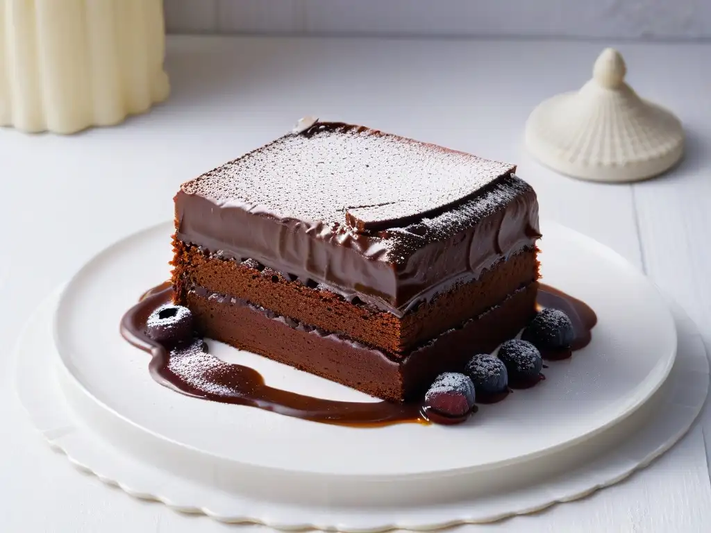 Un exquisito Sachertorte en un plato blanco, con capas de bizcocho de chocolate y mermelada de albaricoque