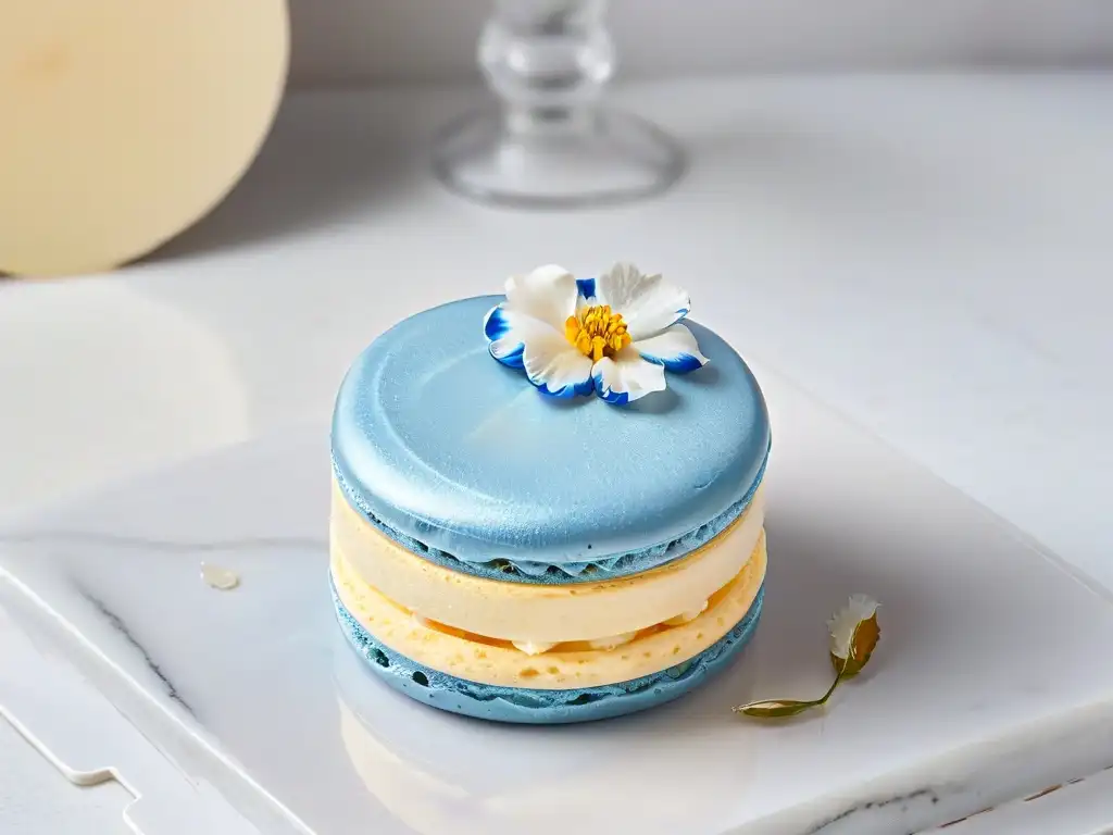 Exquisito macaron saludable casero en mármol, decorado con flores comestibles y láminas de oro