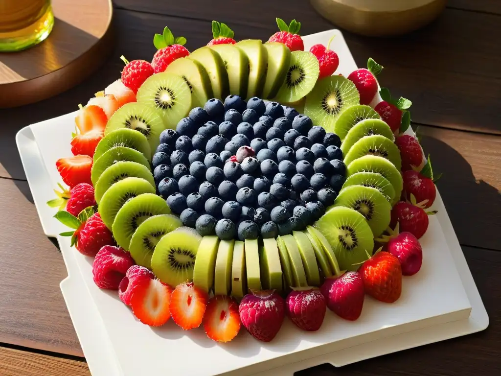 Un exquisito y saludable plato de frutas con fresas, kiwi, arándanos y frambuesas