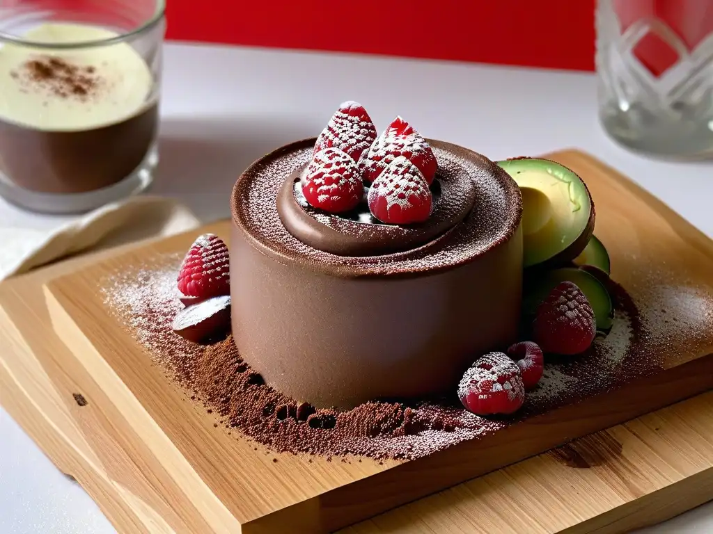 Un exquisito y saludable postre keto: mousse de chocolate y aguacate con frambuesas frescas y cacao