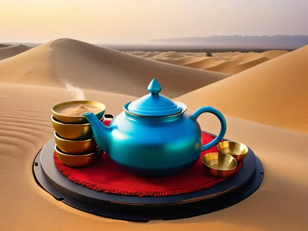 Un exquisito set de té marroquí en un desierto soleado con influencias árabes en postres