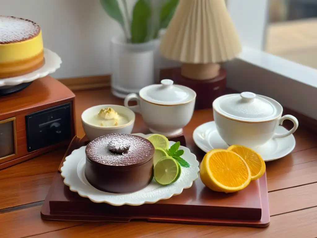 Un exquisito set de té con postres para rituales de té en una mesa rústica de madera