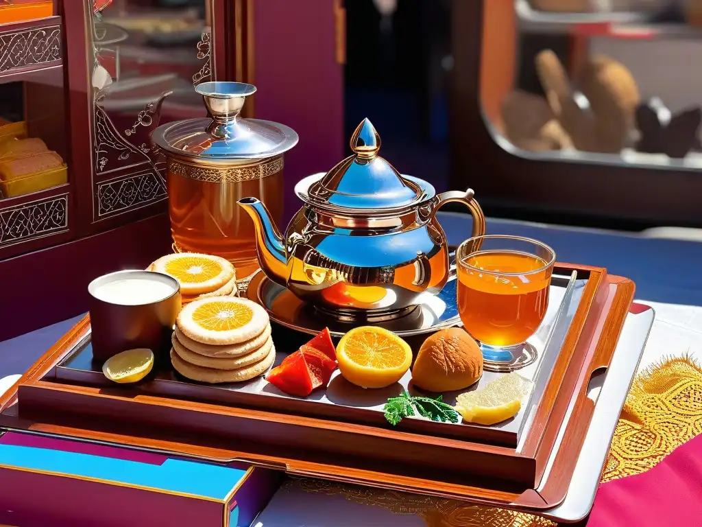 Exquisita ilustración de un set de té marroquí en un mercado bullicioso Un exquisito set de té marroquí tradicional en un animado zoco, invitando a descubrir la repostería marroquí: historia y sabores