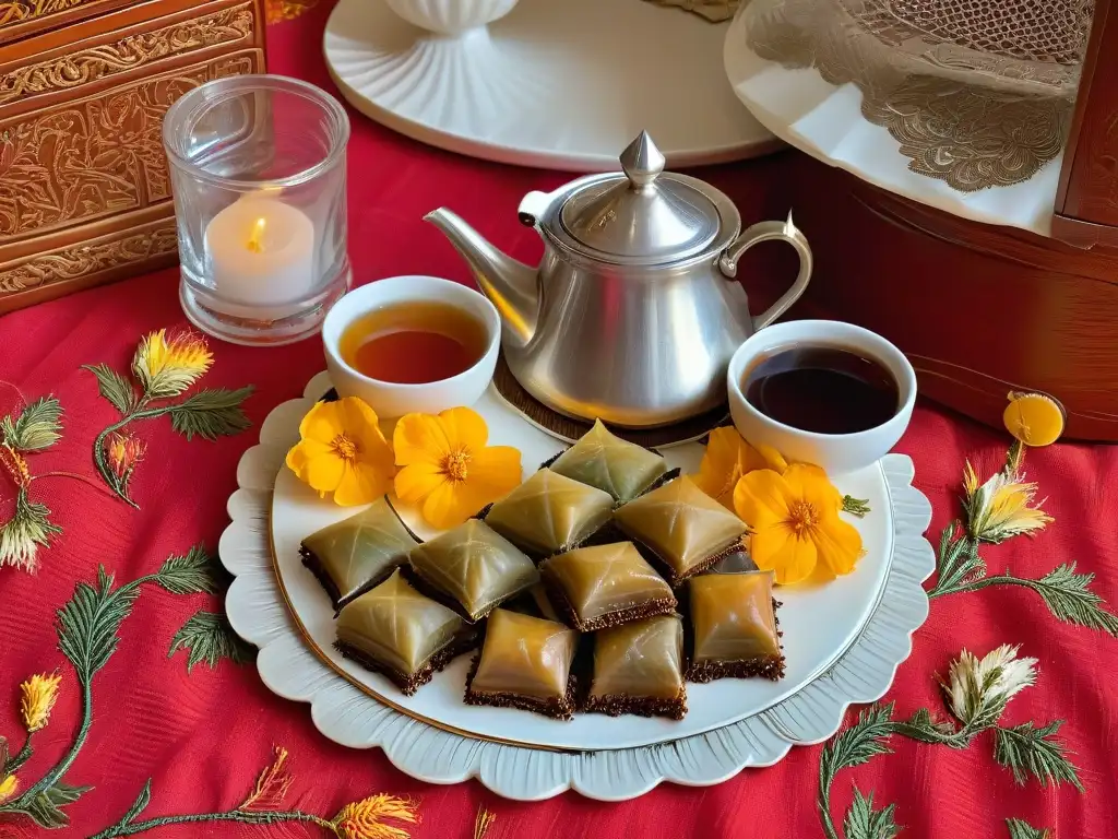 Un exquisito set de té turco en una mesa tradicional, con repostería turca y sabores de Estambul, en un jardín tranquilo