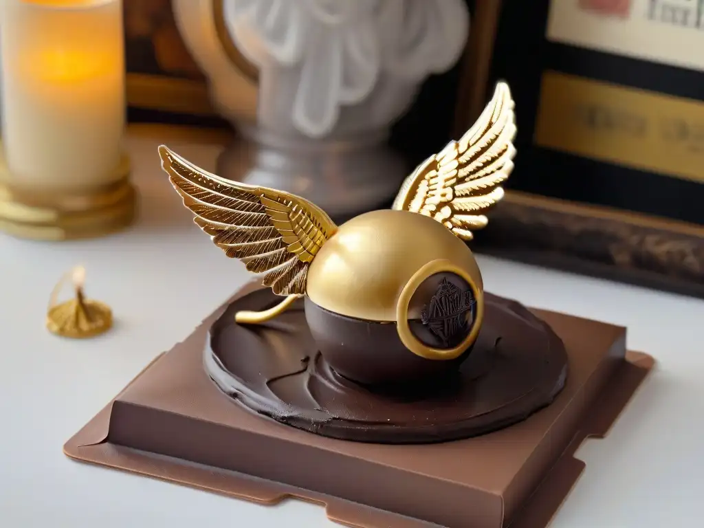 Un exquisito snitch dorado de azúcar caramelizada y ganache de chocolate, con detalles mágicos en Hogwarts