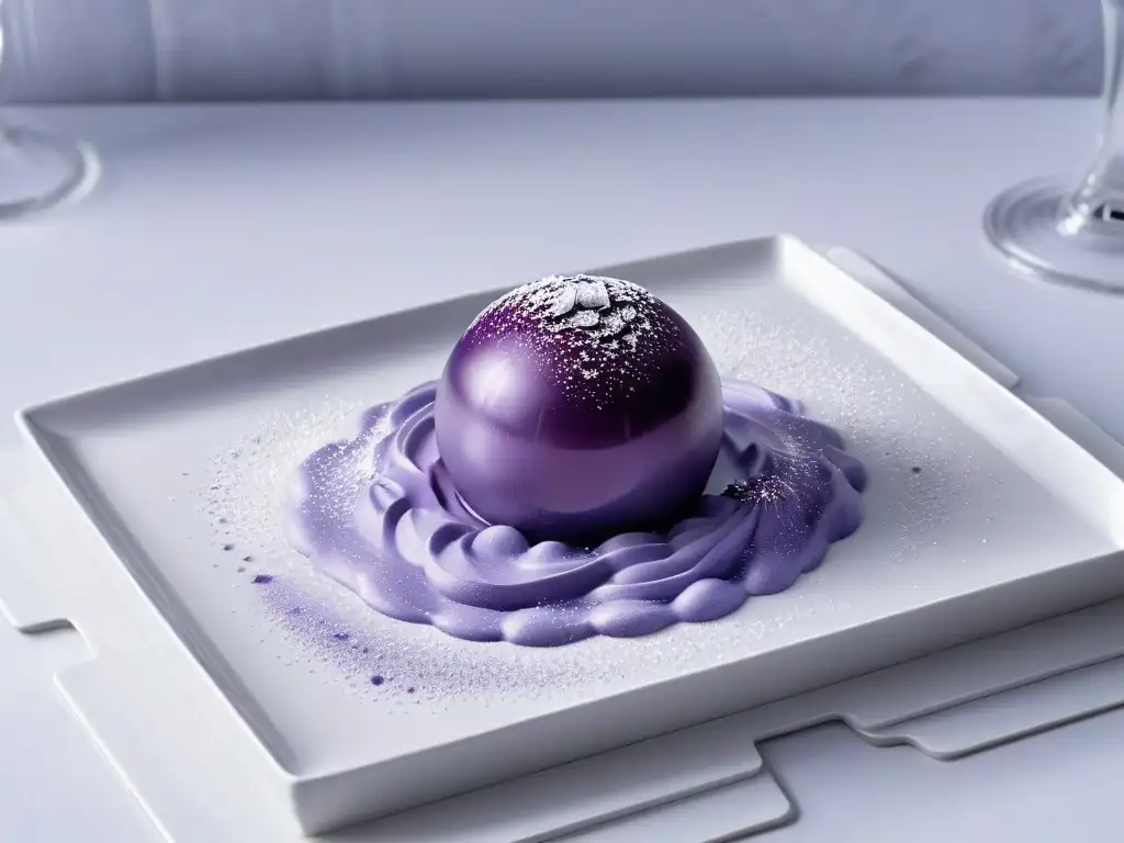 Sorbet morado ultradetallado: textura cremosa y elegancia moderna Exquisito sorbete morado de nitrógeno líquido en elegante plato moderno, detalle y textura cremosa, recetas sorbetes nitrógeno líquido