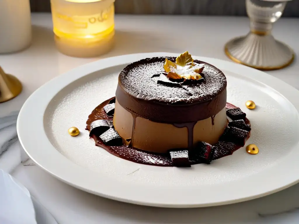 Un exquisito soufflé de chocolate con copos de oro comestibles, en un elegante maridaje postres bebidas repostería gourmet