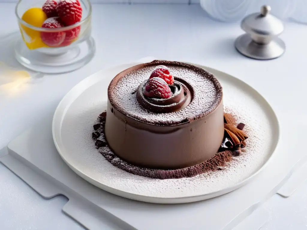 Un exquisito soufflé de chocolate decorado con frambuesas frescas en un elegante plato blanco en una cocina moderna