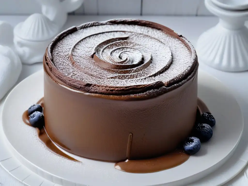 Un exquisito soufflé de chocolate recién horneado con un toque invernal, sobre un plato de porcelana blanco