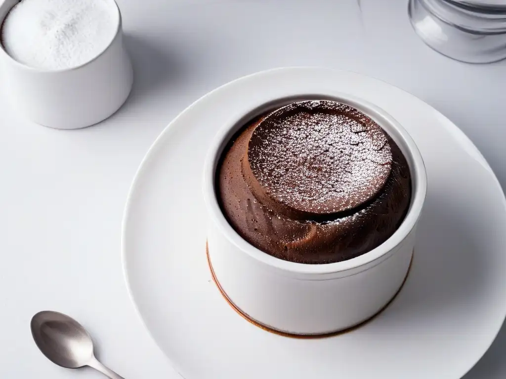 Un exquisito soufflé de chocolate perfectamente horneado en un ramekin blanco, listo para deleitar