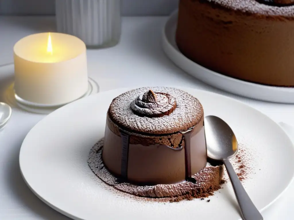 Exquisito soufflé de chocolate en plato blanco con cuchara de plata, bañado en luz natural