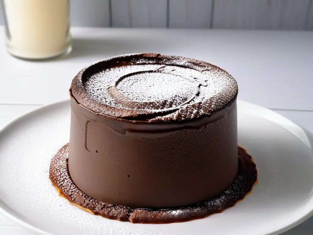 Un exquisito soufflé de chocolate en un ramekin blanco, con textura brillante y burbujas de aire, espolvoreado con azúcar glass