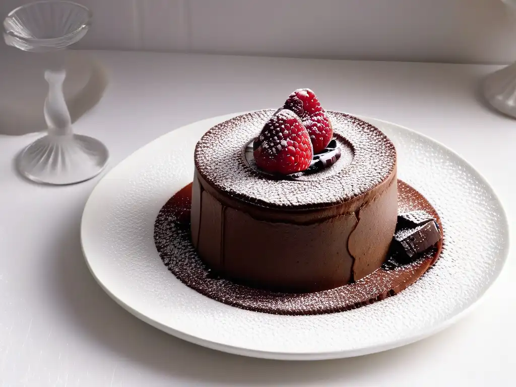 Un exquisito soufflé de chocolate con un toque invernal, decorado con frambuesa roja sobre plato blanco minimalista