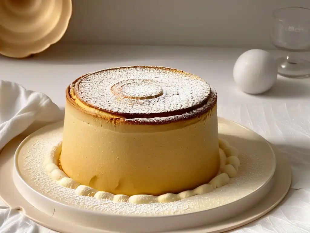 Exquisito soufflé dorado con burbujas de aire, espolvoreado con azúcar glas