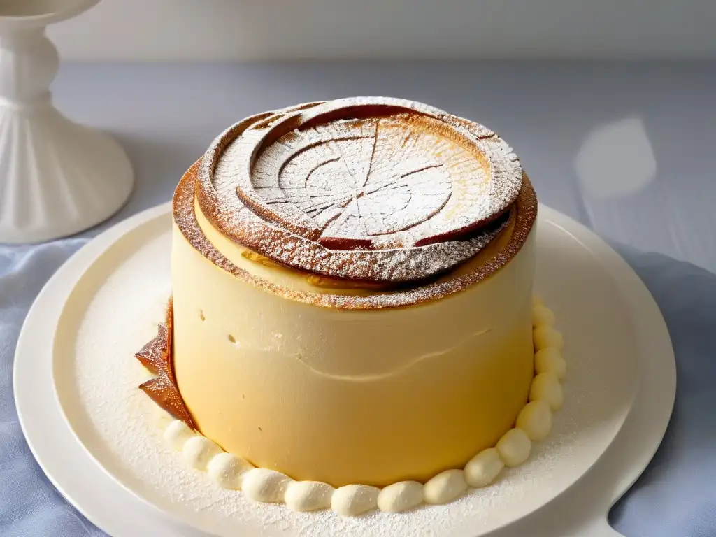 Un exquisito soufflé dorado en un ramekin blanco, con azúcar glass y vapor sutil