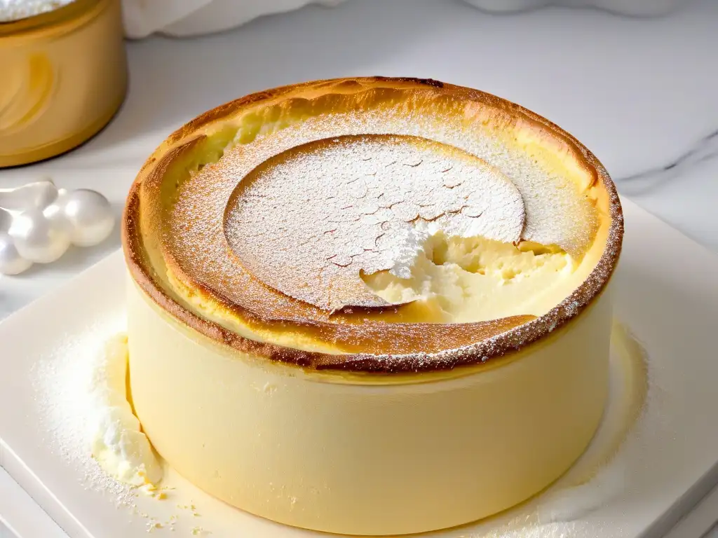 Exquisito soufflé sin gluten dorado, espolvoreado con azúcar glass y vainilla