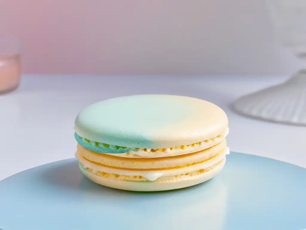 Un exquisito macaron sin gluten muestra su suave superficie brillante con colores pastel, en un fondo limpio