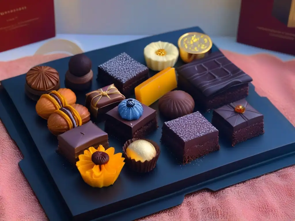Un exquisito surtido de bombones belgas de chocolate en un elegante plato negro, decorados con diseños intrincados y brillantes bajo una suave iluminación ambiental