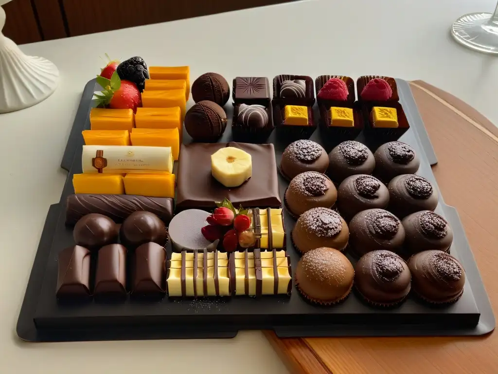 Un exquisito surtido de bombones belgas en plato moderno
