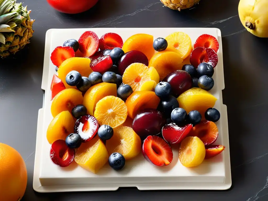 Un exquisito surtido de frutas confitadas de calidad, con tonos vibrantes y brillo, dispuestas elegantemente en una encimera de mármol moderna