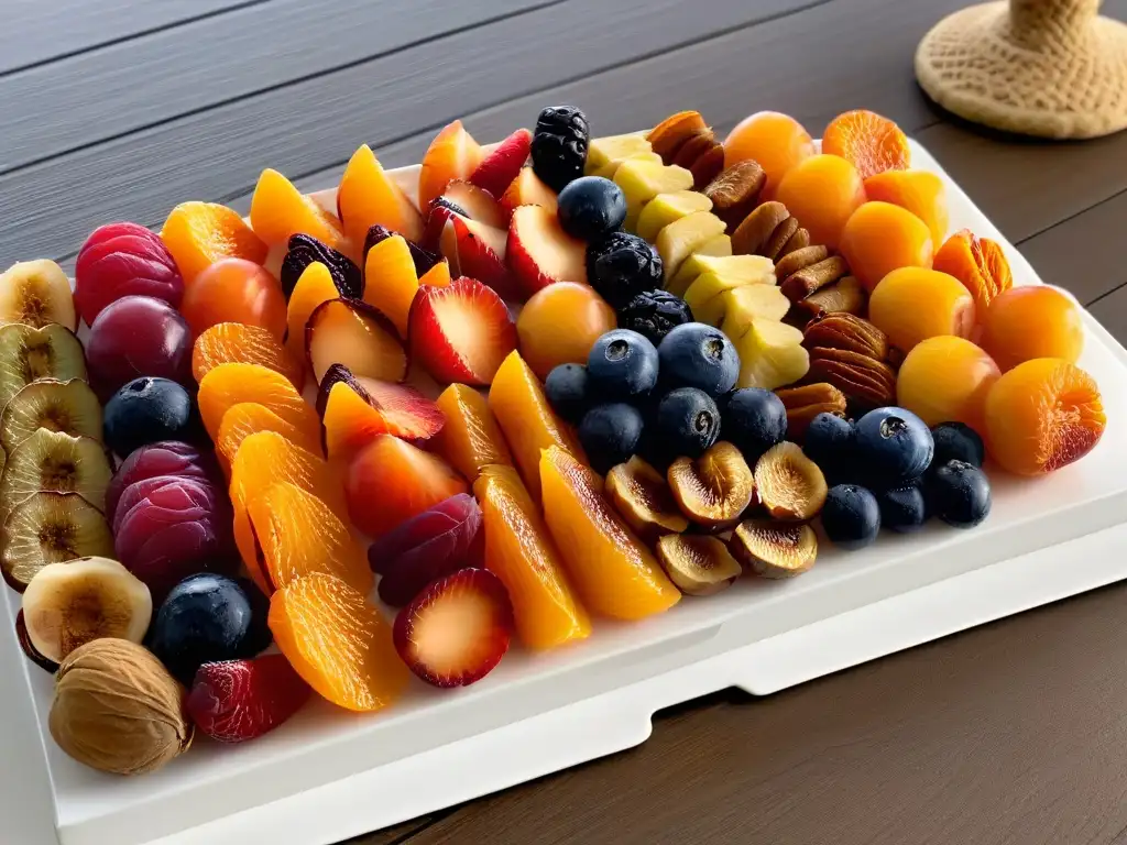 Un exquisito surtido de frutas deshidratadas premium para repostería en un elegante plato blanco