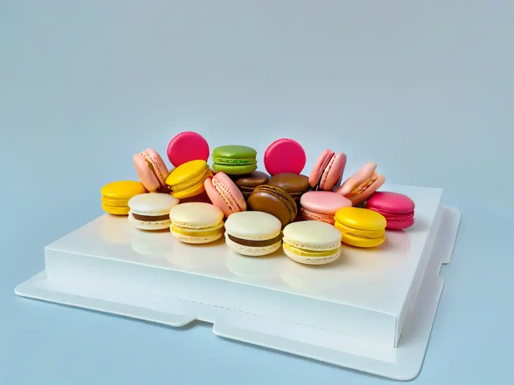 Un exquisito surtido de macarons coloridos y perfectamente horneados en un elegante plato blanco