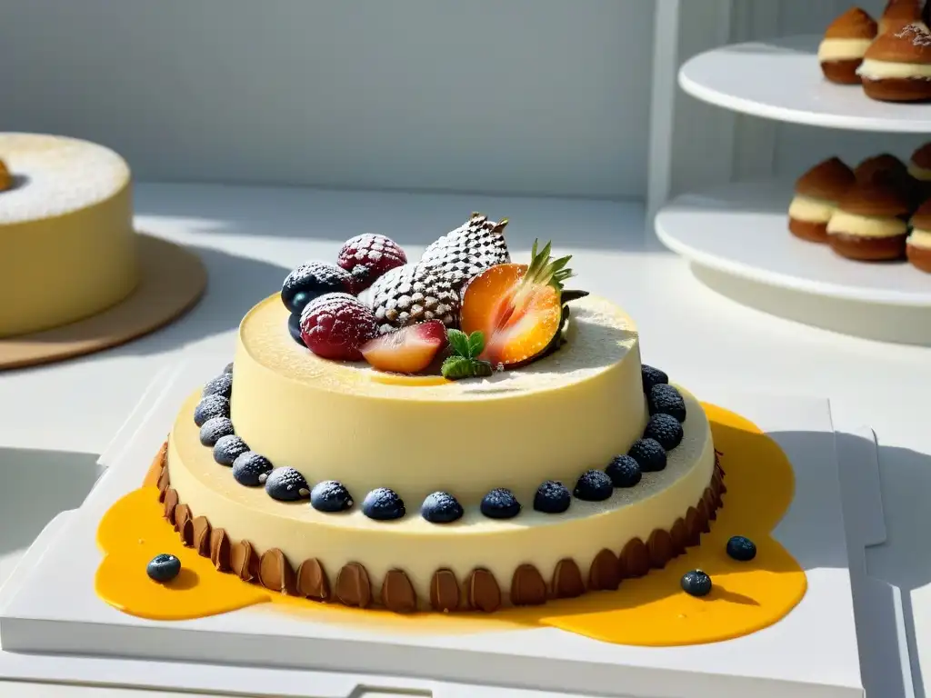 Un exquisito surtido de pasteles y postres coloridos y detallados sobre un plato blanco moderno