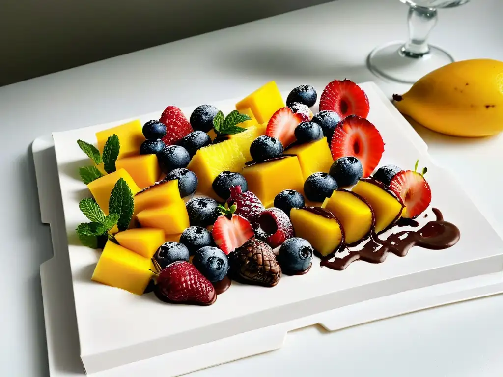 Un exquisito surtido de postres bajos en calorías deliciosos, con frutas vibrantes y chocolate, presentado elegantemente en un plato blanco moderno