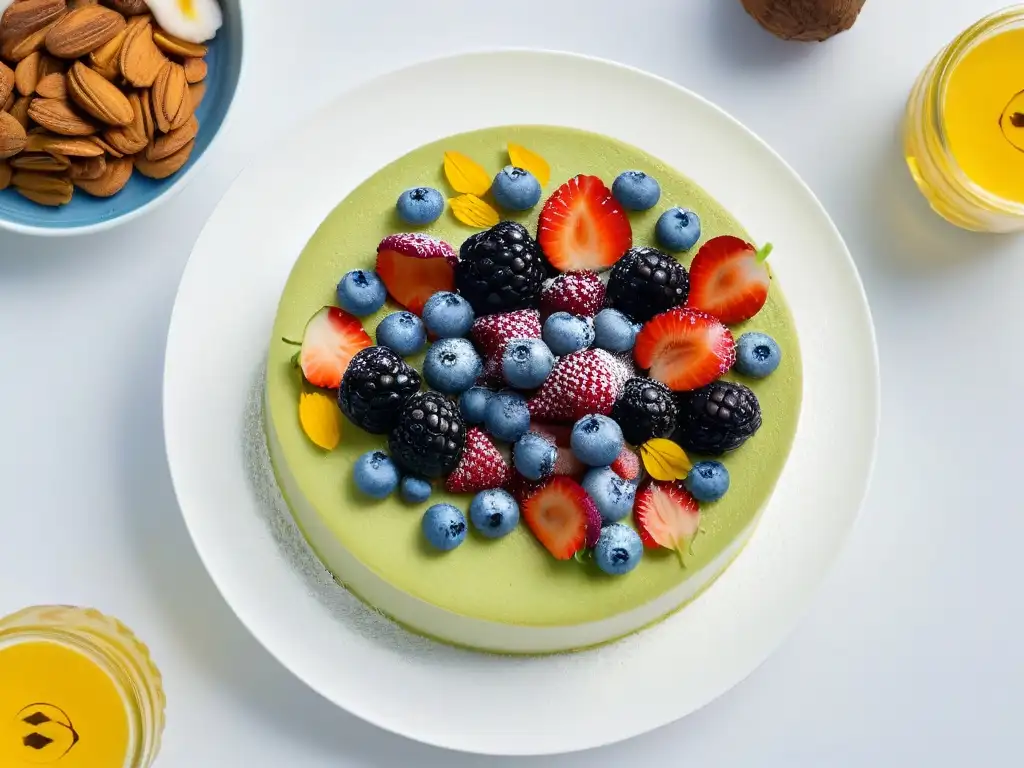 Un exquisito surtido de postres para diabéticos saludables, decorados con frutas frescas y flores comestibles en un plato blanco moderno