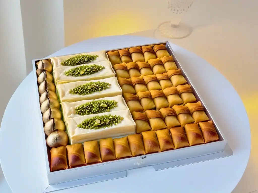 Un exquisito surtido de postres tradicionales Eid Ramadán en una bandeja de plata, adornados con pistachos y pétalos de rosa sobre fondo blanco