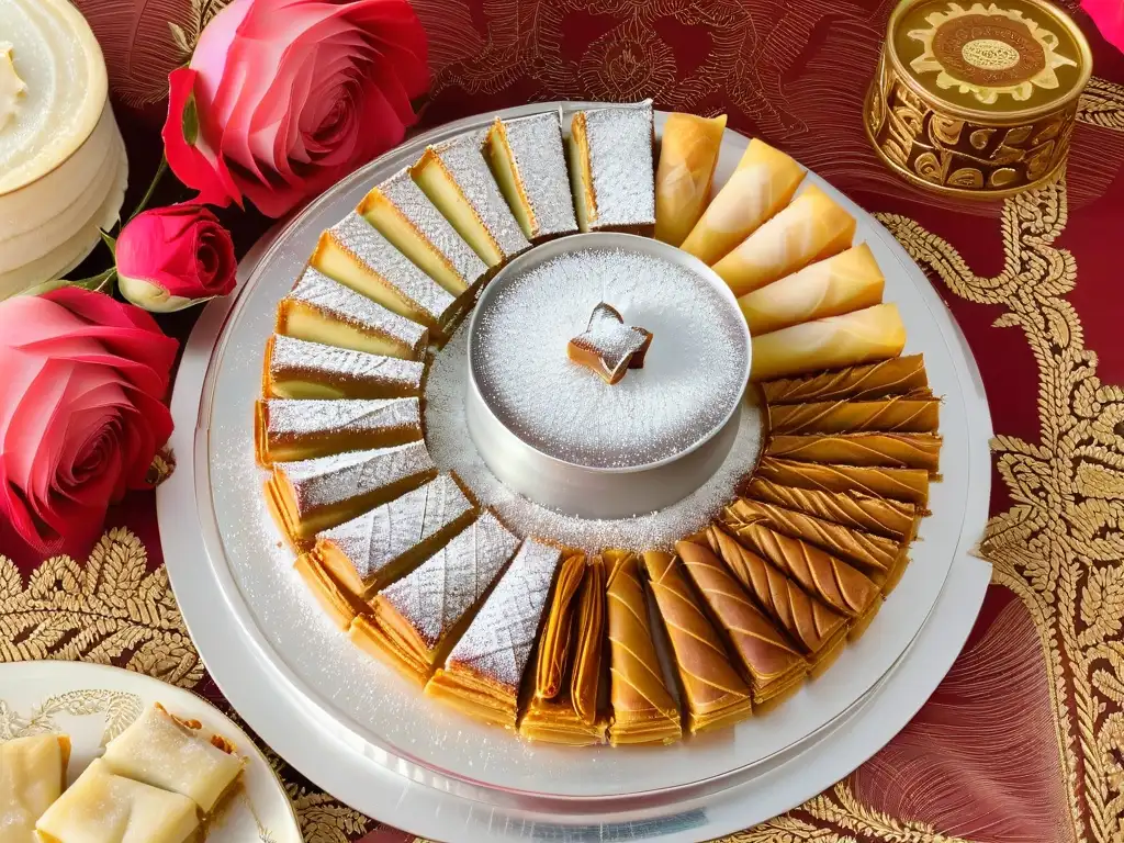 Un exquisito surtido de postres tradicionales Eid Ramadán, delicadamente dispuestos en una bandeja de plata