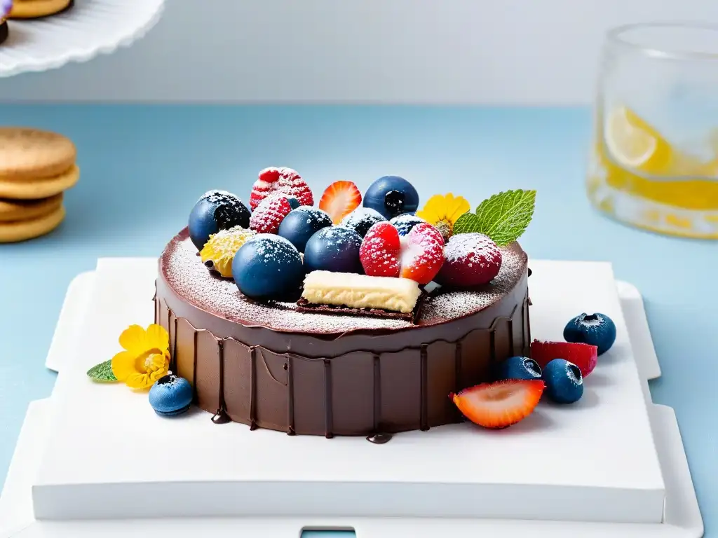 Un exquisito surtido de repostería sin gluten: pastel de chocolate, macarons y biscotti decorados con flores y hojas de menta