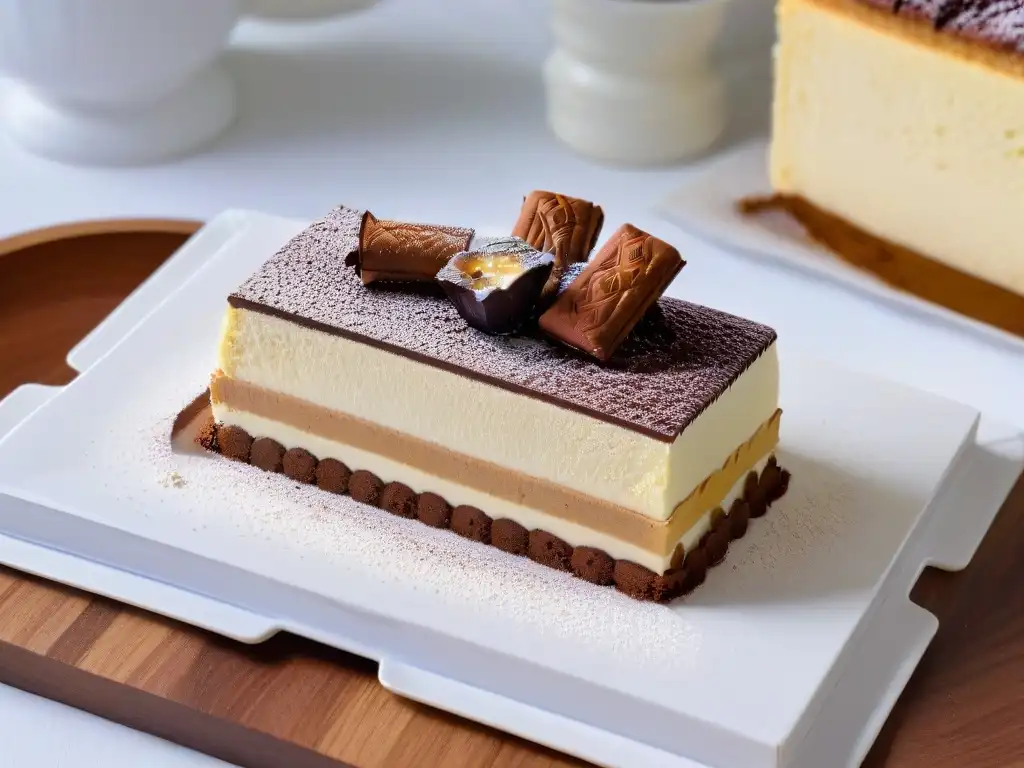 Un exquisito Tiramisú auténtico y variaciones en plato blanco, detalle y elegancia en cada capa