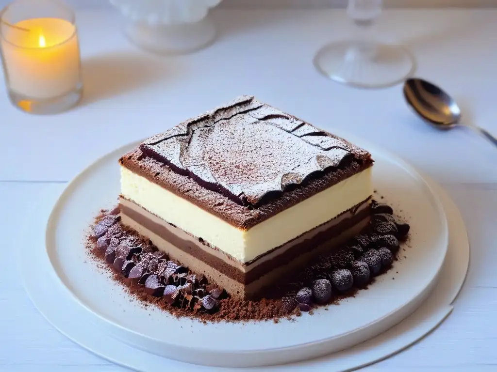 Un exquisito tiramisú en capas con cacao y chocolate, en una elegante presentación