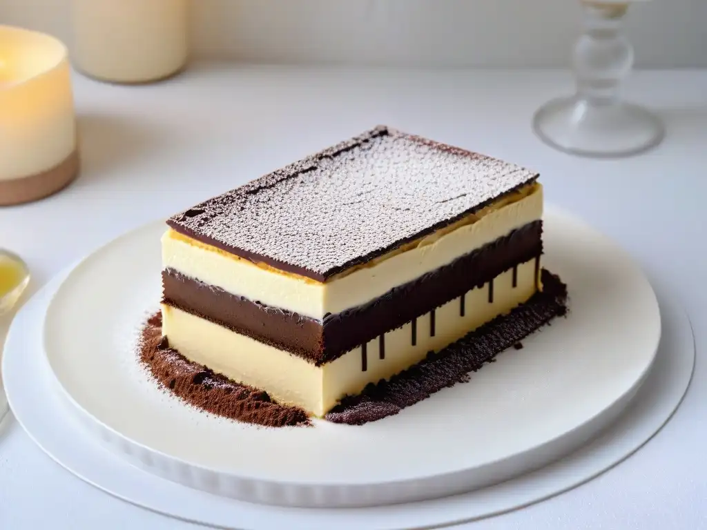 Un exquisito tiramisú sin huevo en un elegante plato blanco, destacando sus capas y textura