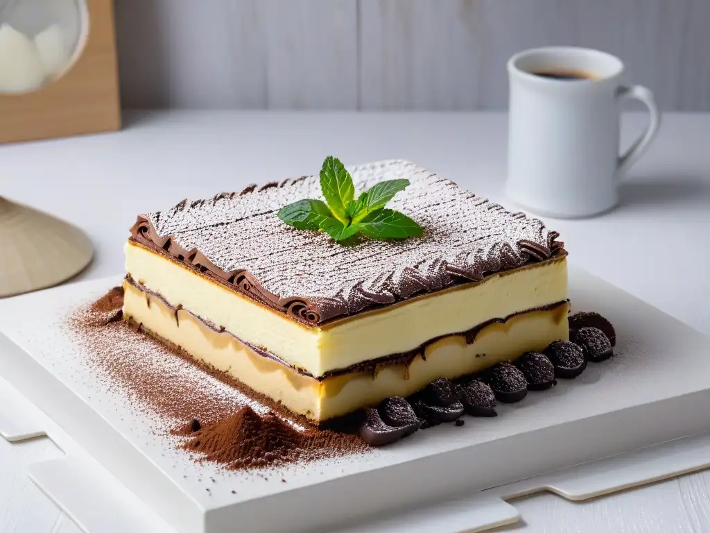 Un exquisito tiramisú italiano en un elegante plato de porcelana blanco, decorado con cacao y menta fresca