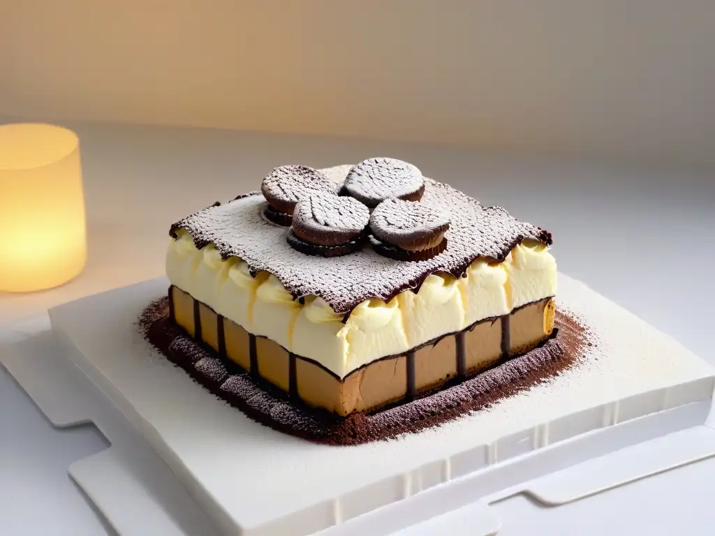 Un exquisito tiramisú italiano en un elegante plato blanco, destacando las capas de bizcochos de café, crema de mascarpone y cacao en polvo