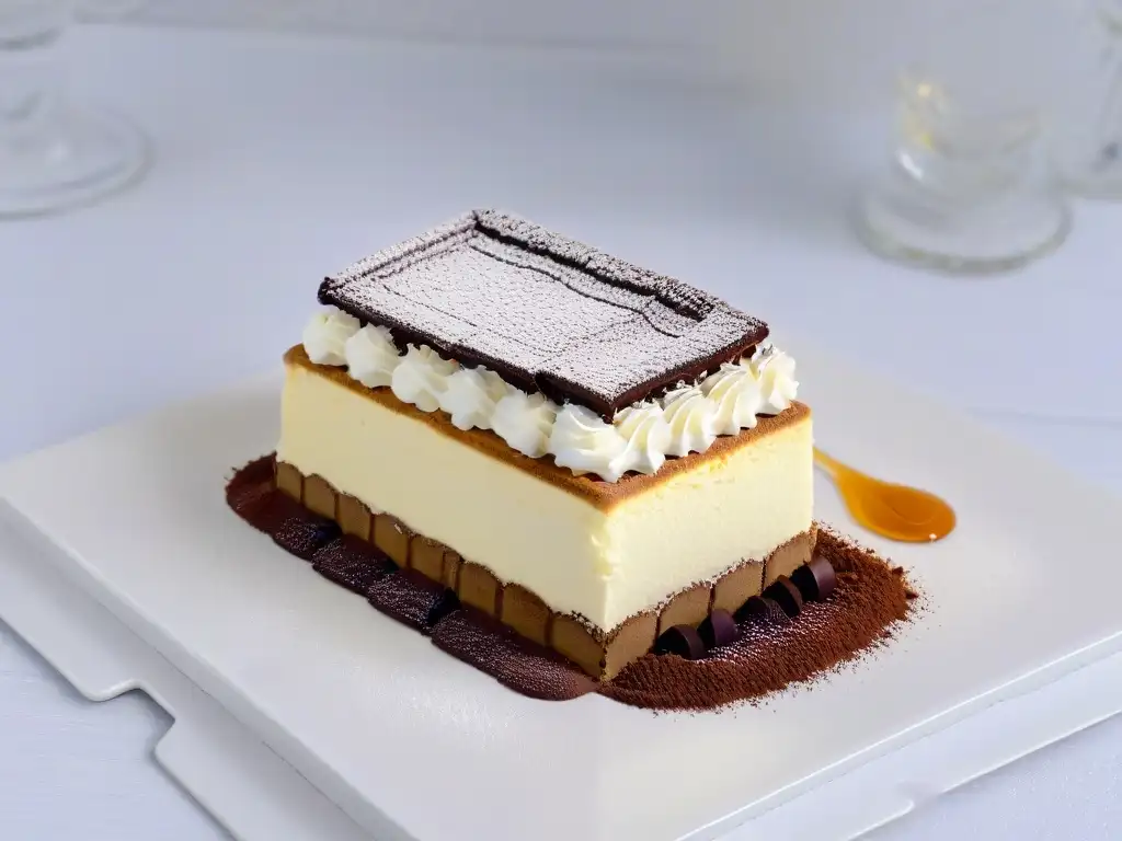 Un exquisito tiramisú italiano, resaltando los orígenes del postre en una presentación elegante y detallada